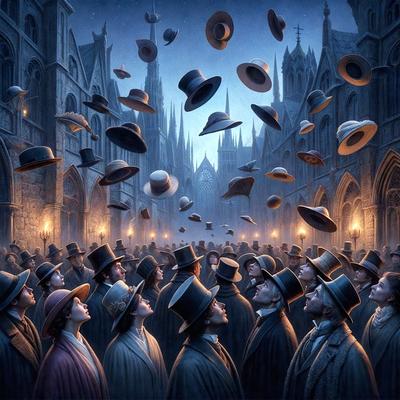 The primary subject of the image is a large group of people wearing hats. They are gathered in a city square, with a cathedral in the background. The visual style of the image is a digital art or illustration, creating a surreal and whimsical atmosphere. The colors and mood of the scene are predominantly dark, with the hats and people being the main focus of the image.